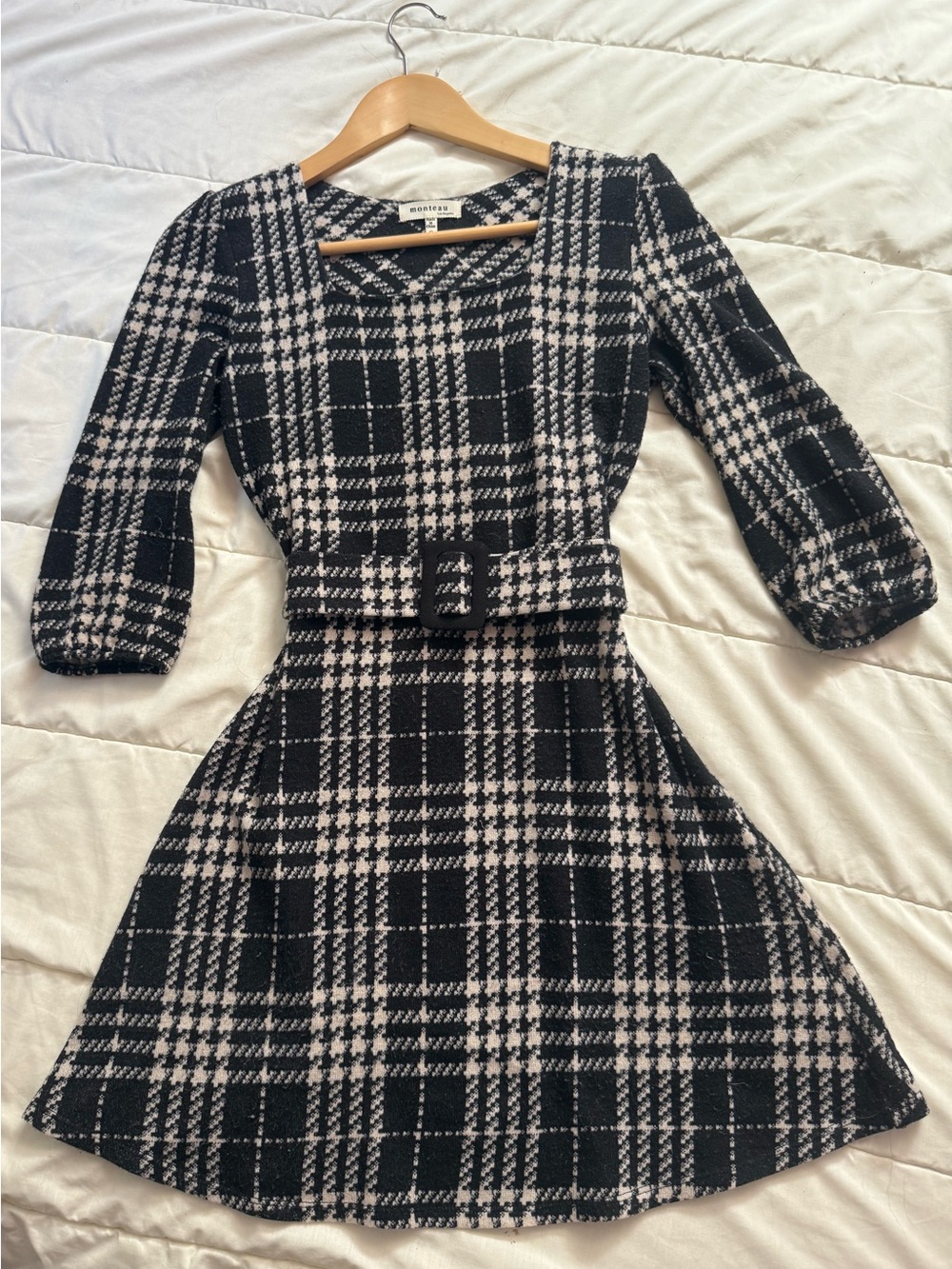 Monteau Plaid Belted Fit-and-Flare Dress (Wool-Like Texture)
